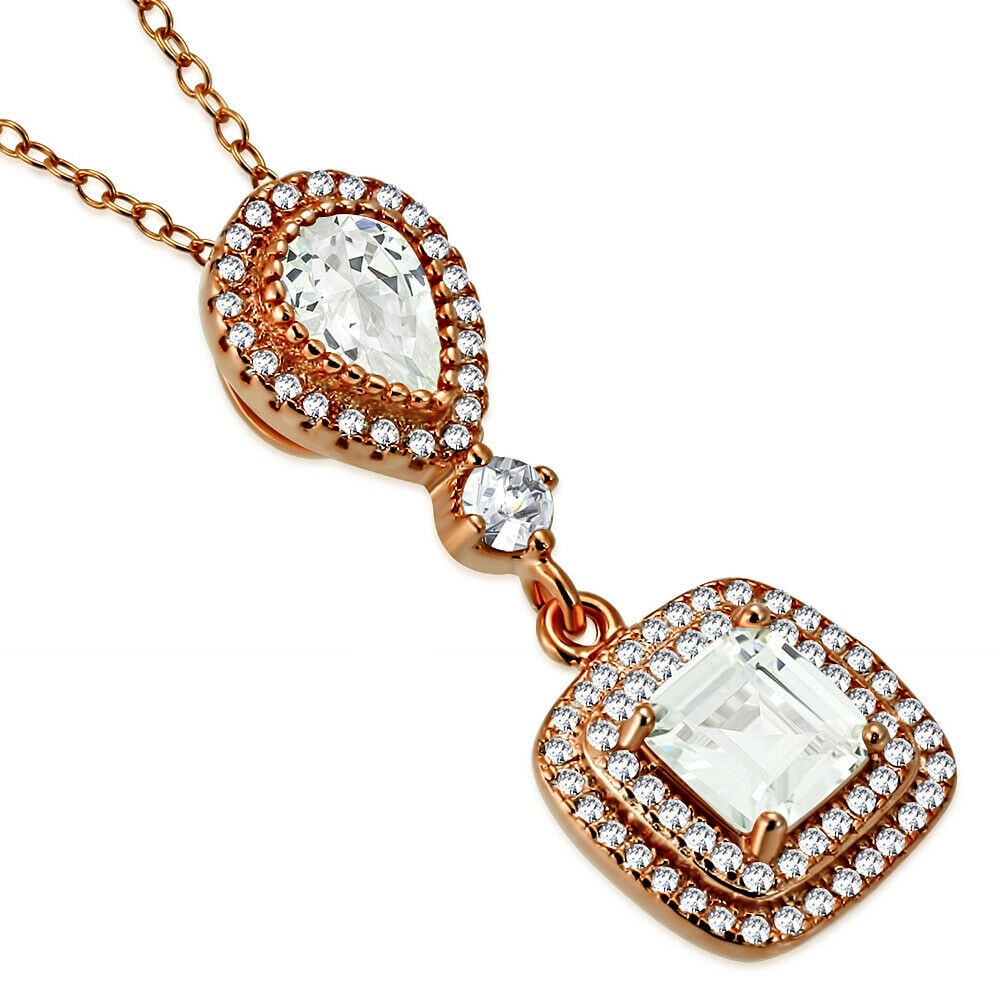 

925 Sterling Silver Rose Gold-Tone Square Teardrop CZ Pendant Necklace 18