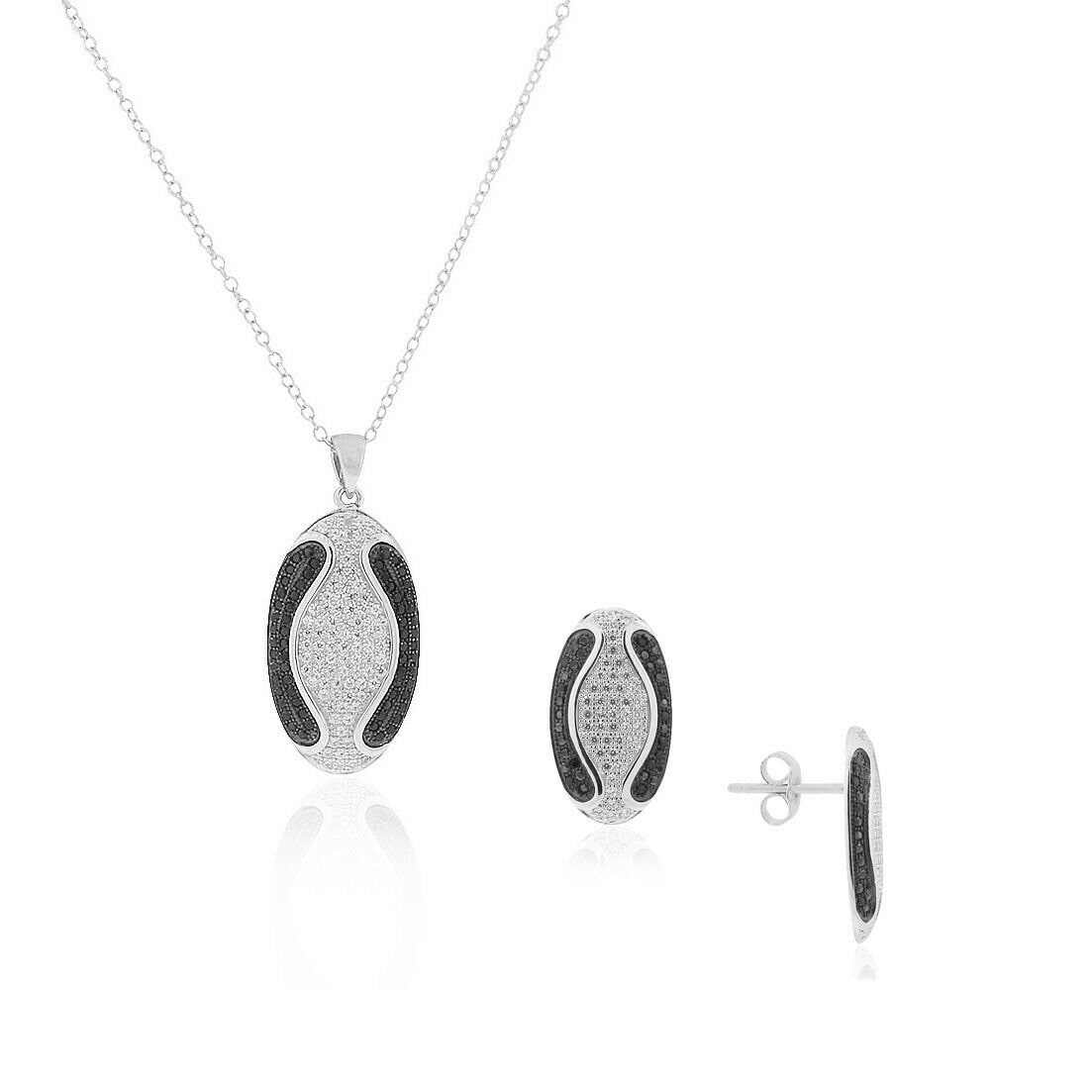 

925 Sterling Silver Black White CZ Oval Pendant Stud Earrings Set