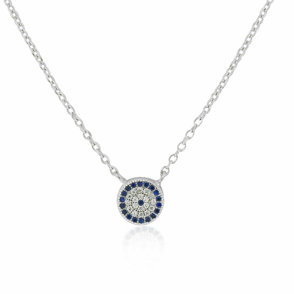 

925 Sterling Silver White Blue CZ Round Evil Eye Protection Pendant Necklace