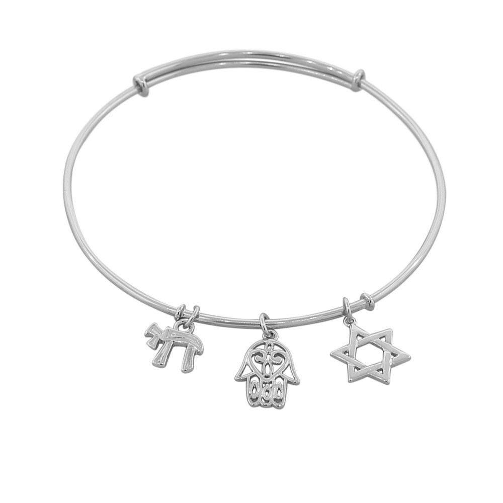 

925 Sterling Silver Chai Hamsa Star of David Bangle Bracelet with Clasp