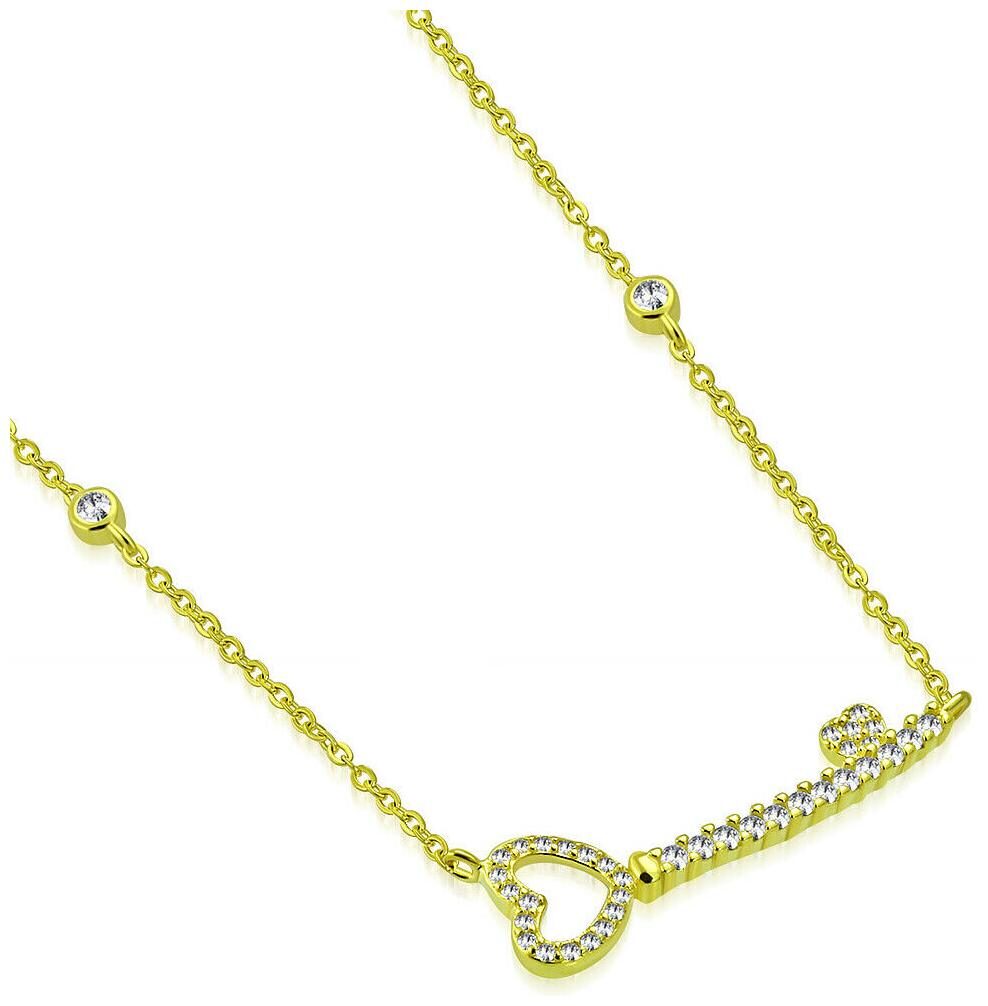 

925 Sterling Silver Yellow Gold-Tone CZ Love Heart Key Pendant Necklace