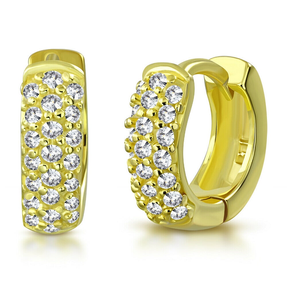 

925 Sterling Silver Yellow Gold-Tone Clear CZ Hoop Huggie Earrings 0 30