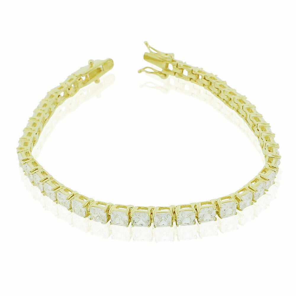 

925 Sterling Silver Gold-Tone Clear Princess-Cut CZ Tennis Bracelet