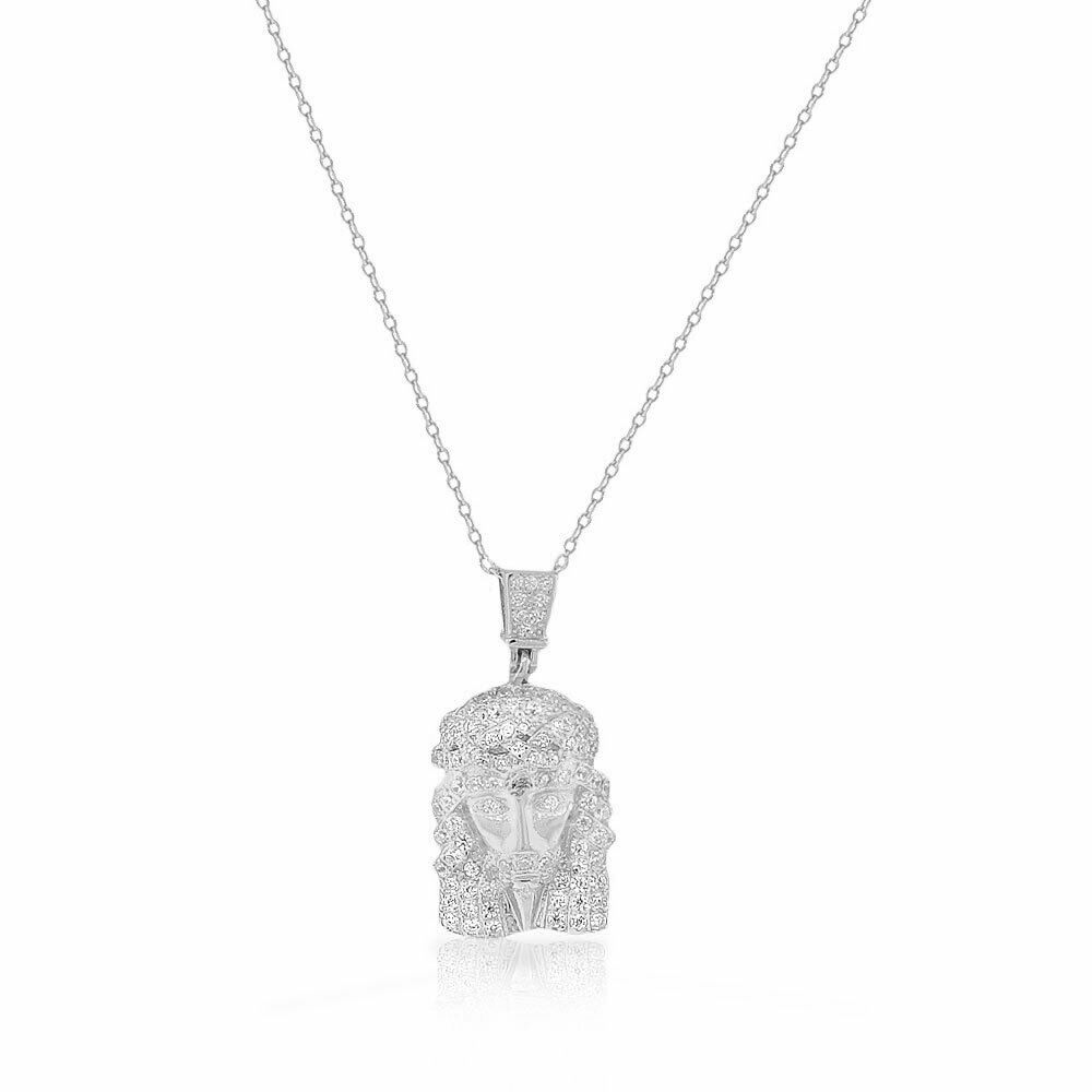 

925 Sterling Silver White Clear CZ Religious Jesus Pendant Necklace