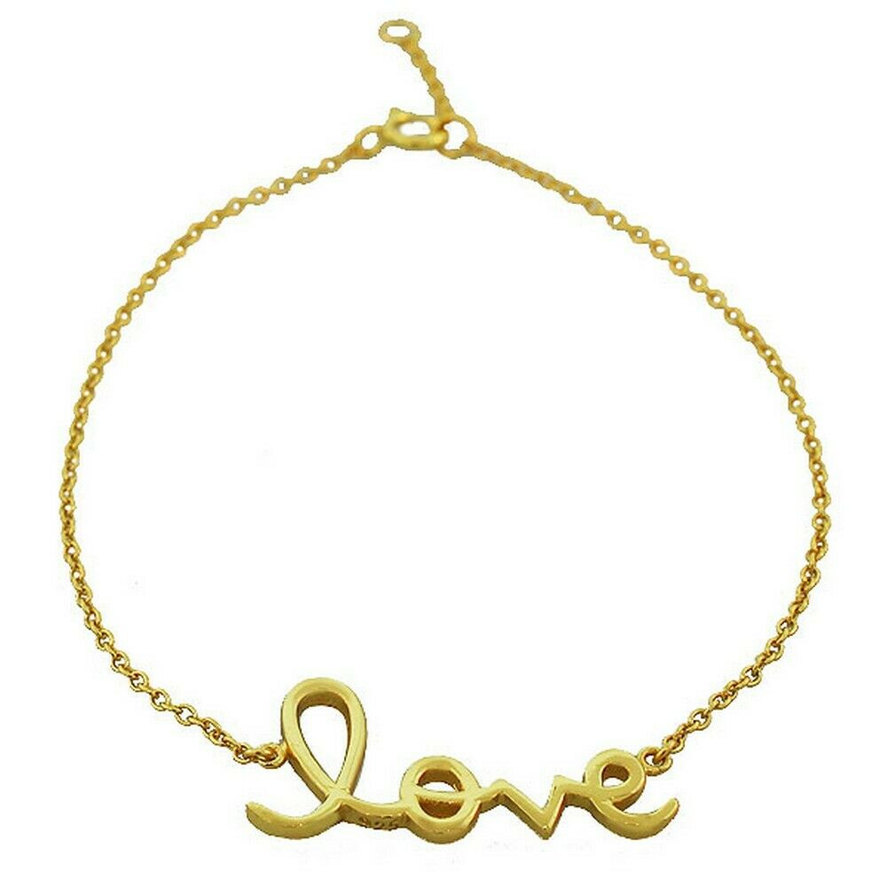 

925 Sterling Silver Yellow Gold Plated Love Heart Inscription Chain Bracelet