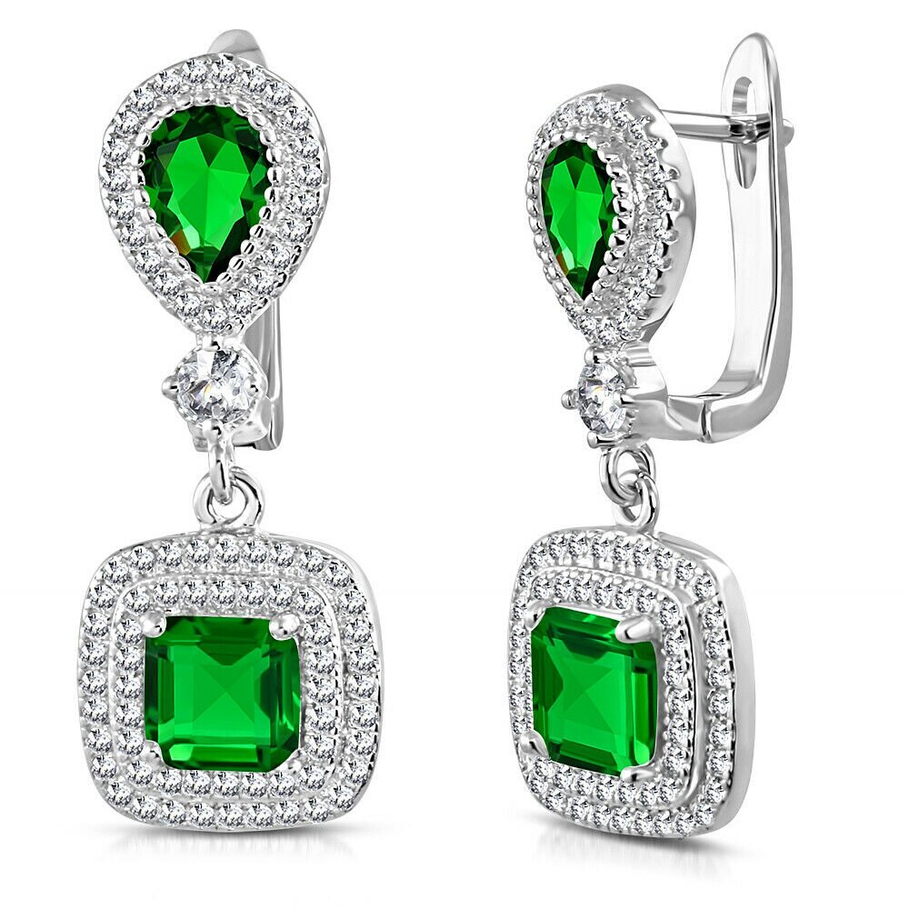 

925 Sterling Silver Square Teardrop Green Emerald-Tone CZ Drop Dangle Earrings