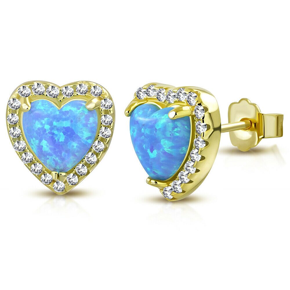 

925 Sterling Silver Gold-Tone CZ Simulated Blue Opal Heart Stud Earrings 0 40