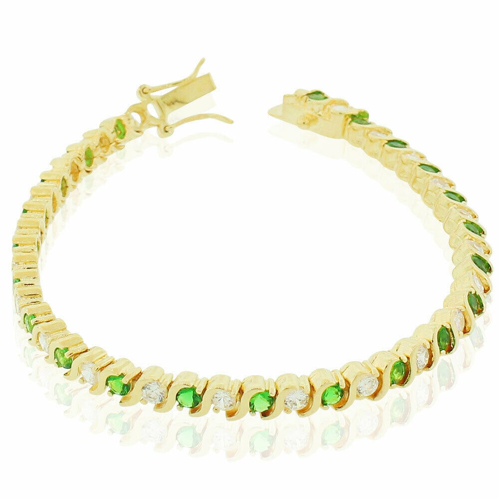 

925 Sterling Silver Clear Green Emerald-Tone Round CZ S-Link Tennis Bracelet