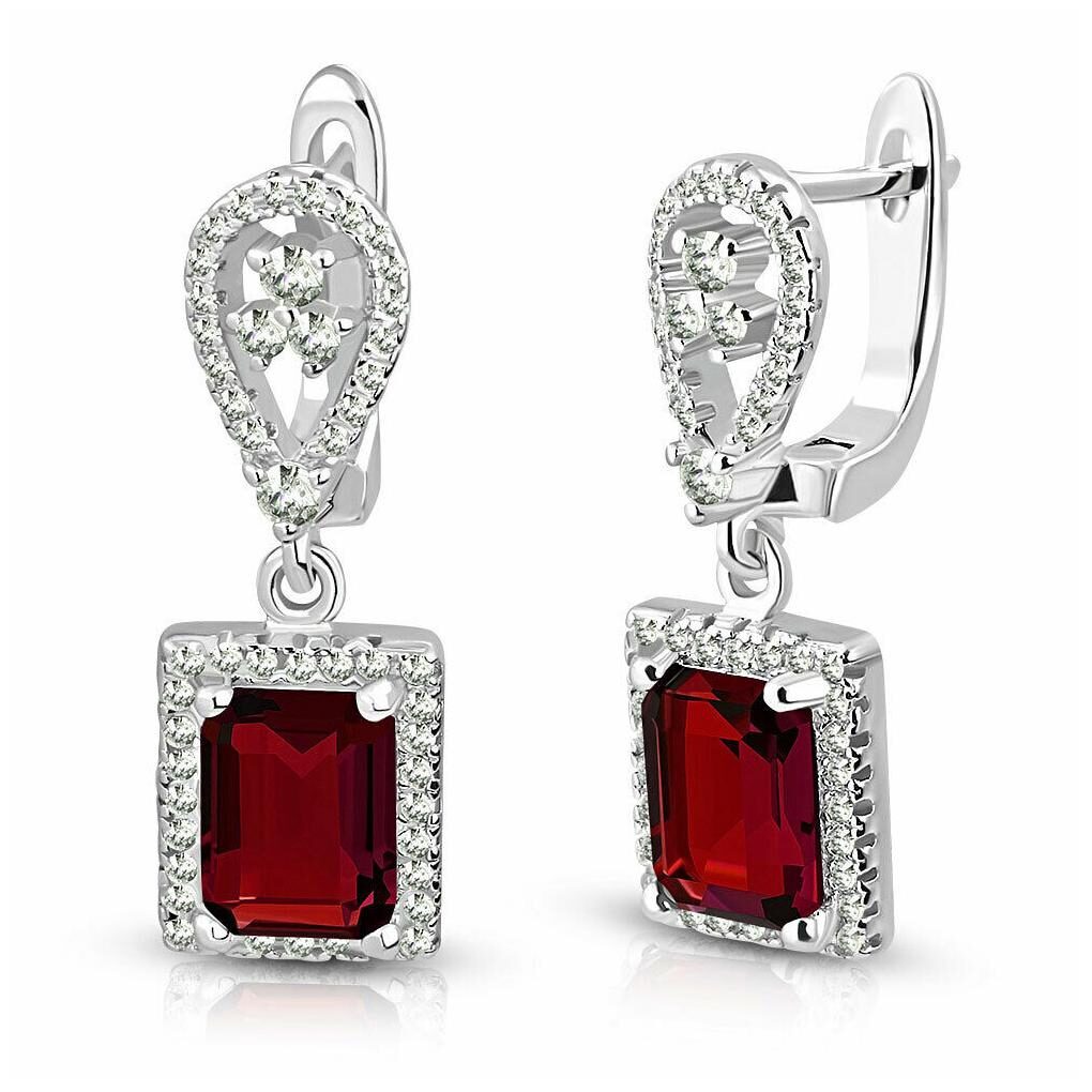

925 Sterling Silver Rectangular Red Ruby-Tone CZ Drop Dangle Earrings 1