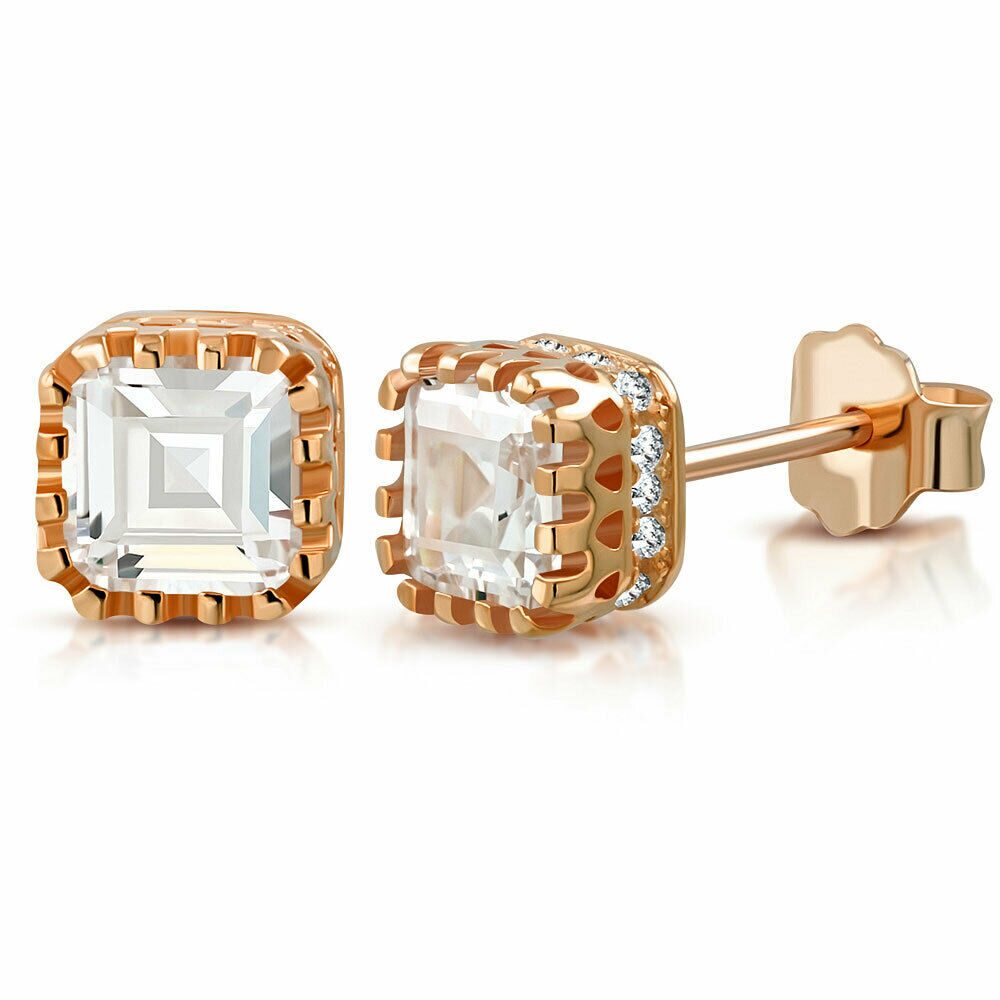 

925 Sterling Silver Rose Gold-Tone Clear White CZ Square Stud Earrings 0 25