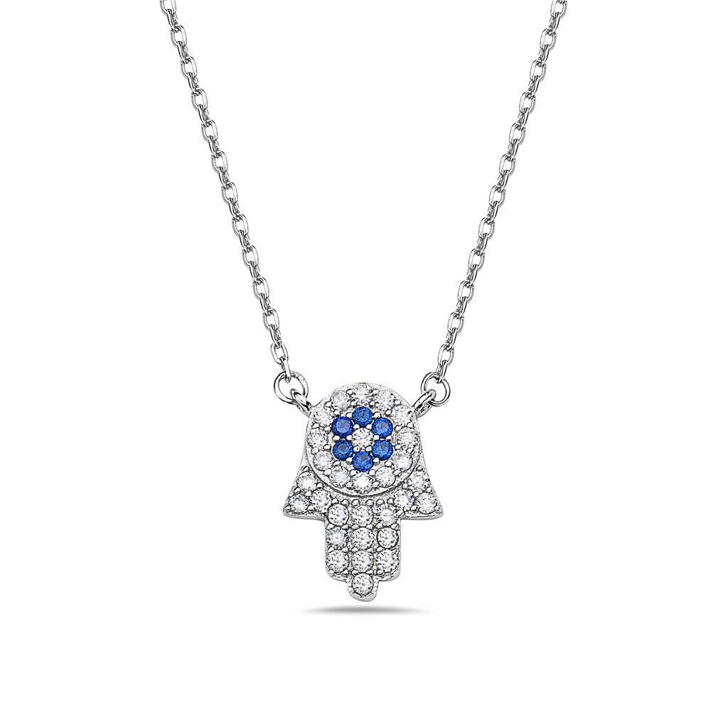 

925 Sterling Silver White Blue CZ Hamsa Good Luck Pendant Necklace 18
