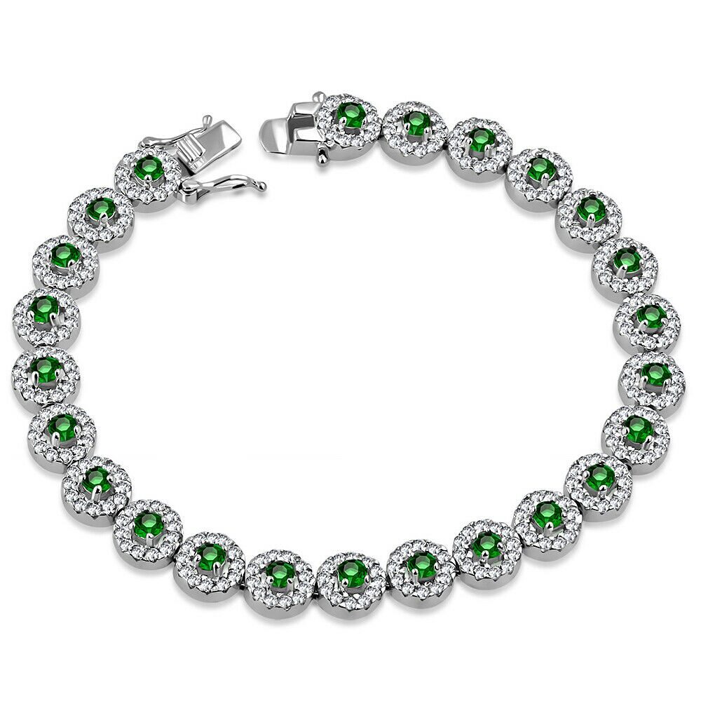 

925 Sterling Silver White Clear Green Emerald-Tone CZ Tennis Bracelet