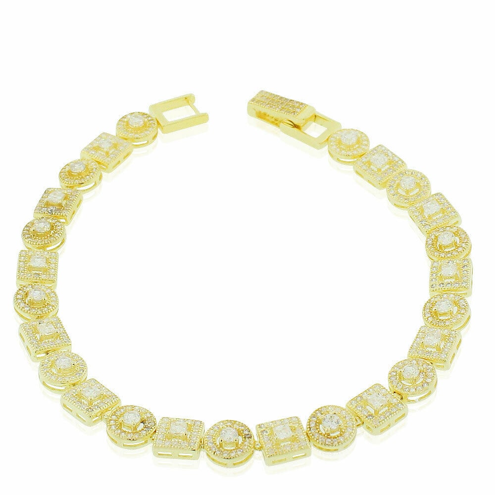

925 Sterling Silver Yellow Gold-Tone Clear Round Square CZ Tennis Bracelet