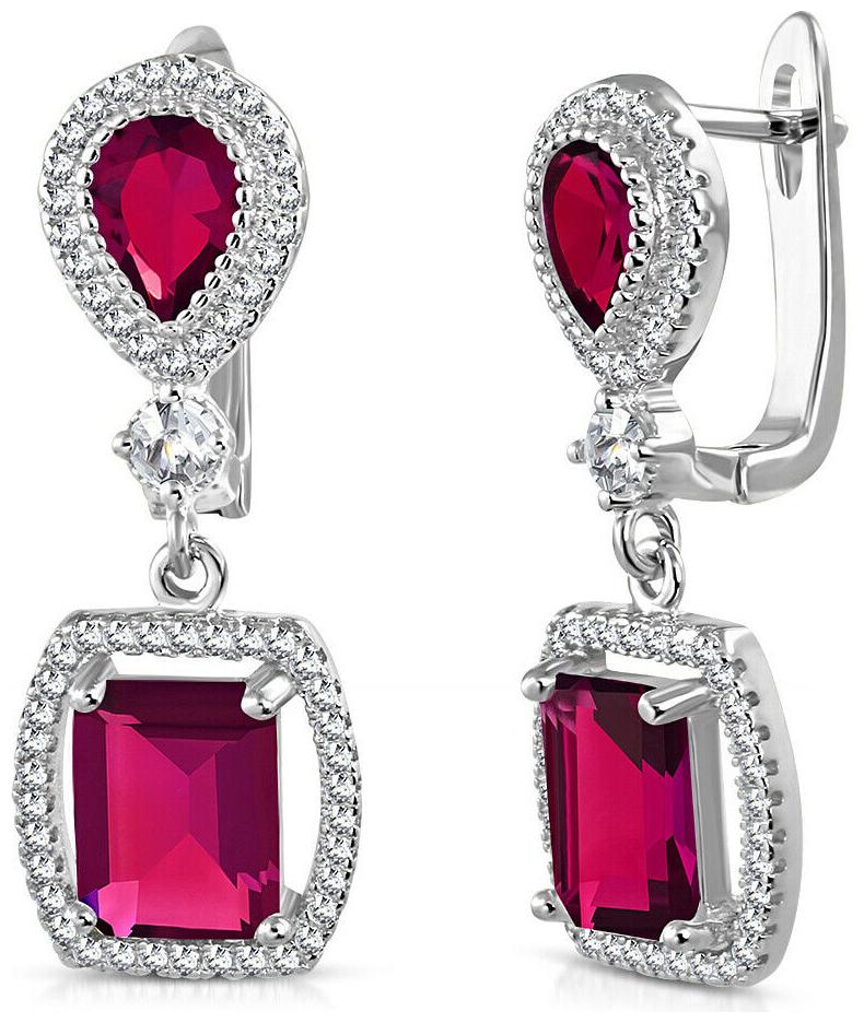 

925 Sterling Silver Rectangular Teardrop Red Ruby-Tone CZ Dangle Earrings 1 2
