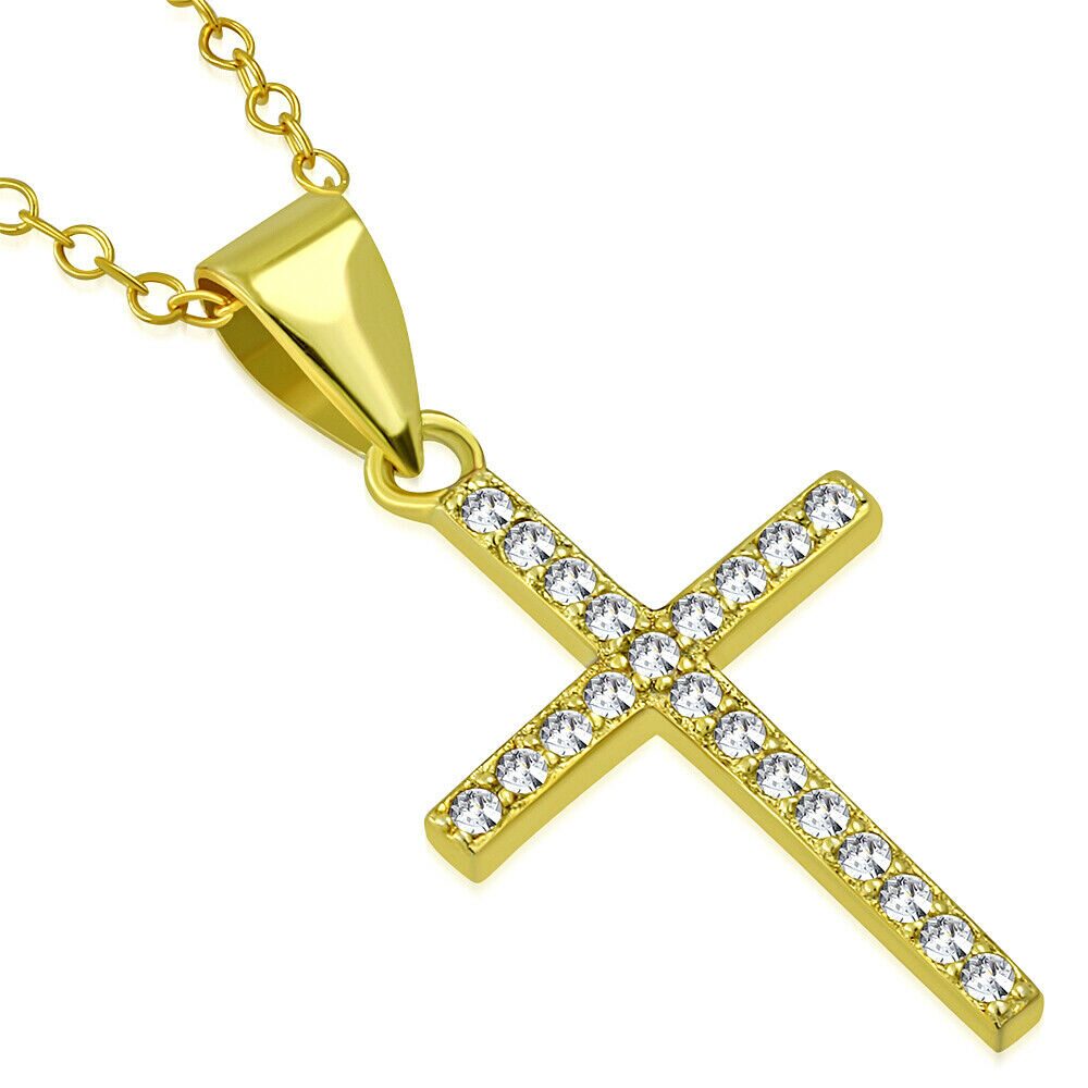 

925 Sterling Silver Gold-Tone Clear CZ Religious Latin Cross Pendant Necklace
