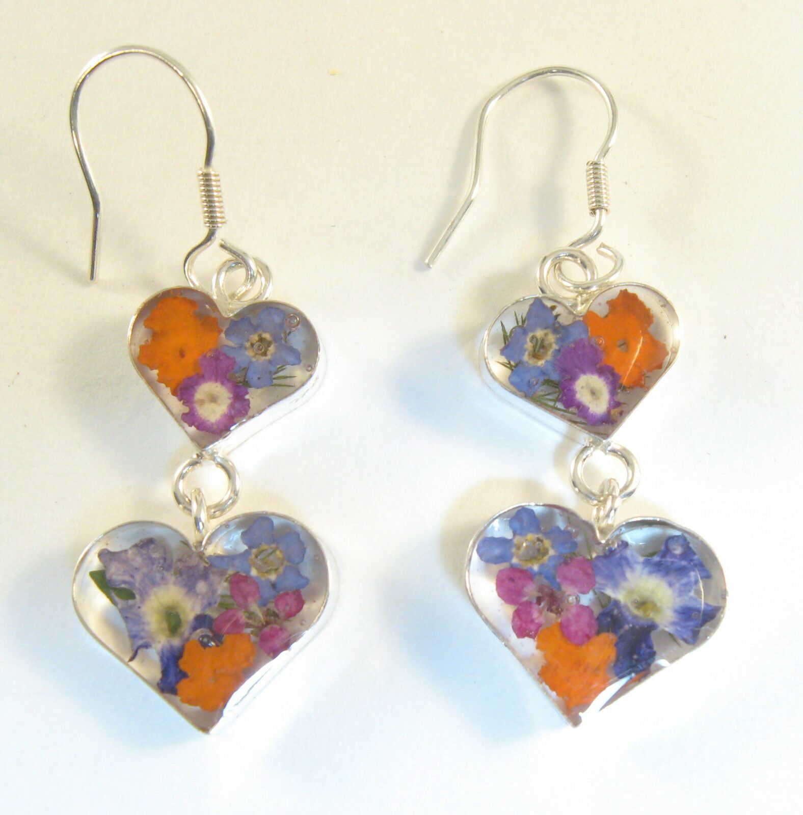 

925 sterling silver double dangle square earrings with real flowers