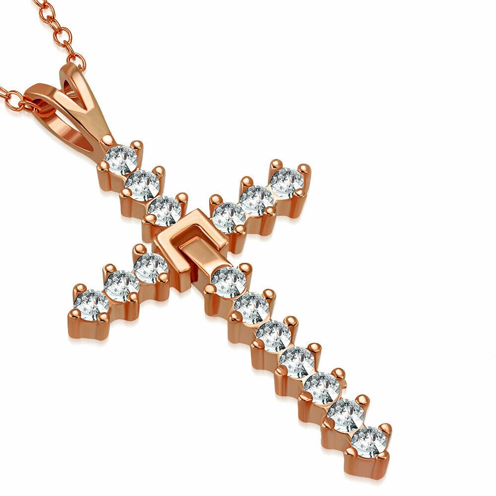 

925 Sterling Silver Rose Gold-Tone CZ Religious Cross Pendant Necklace 18