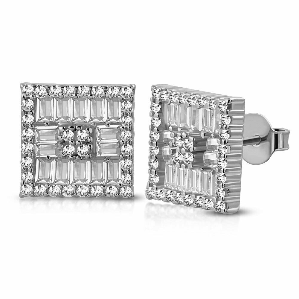 

925 Sterling Silver Clear White Baguette-Shape CZ Square Stud Earrings 0 45