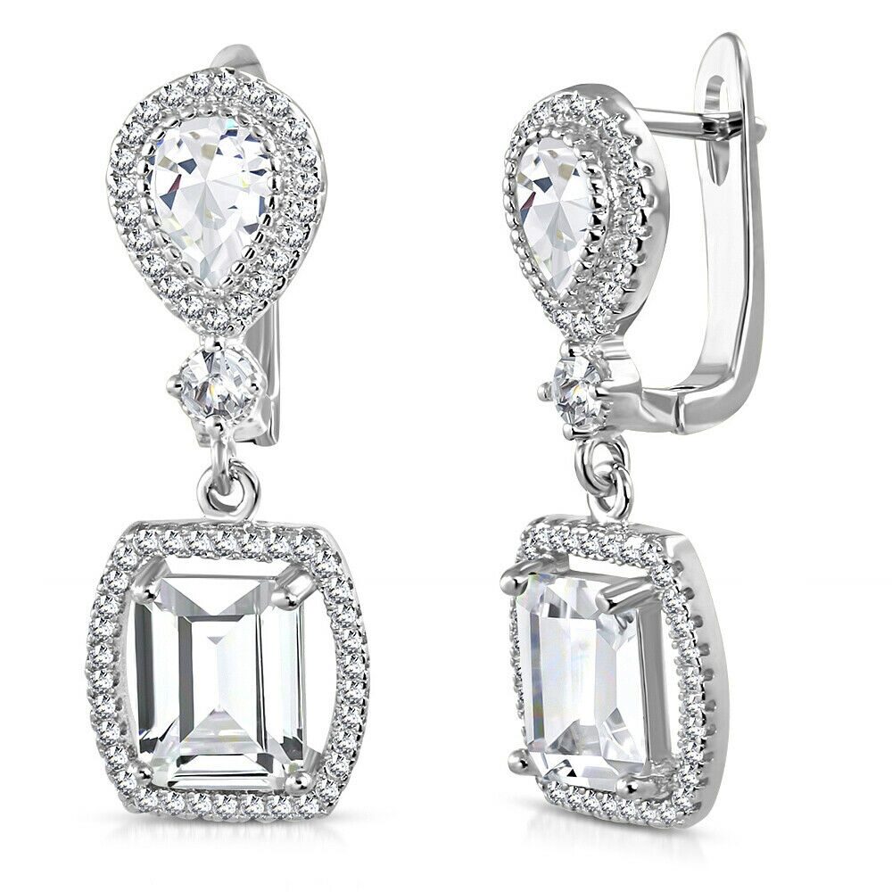 

925 Sterling Silver Rectangular Teardrop Clear CZ Drop Dangle Earrings 1 2