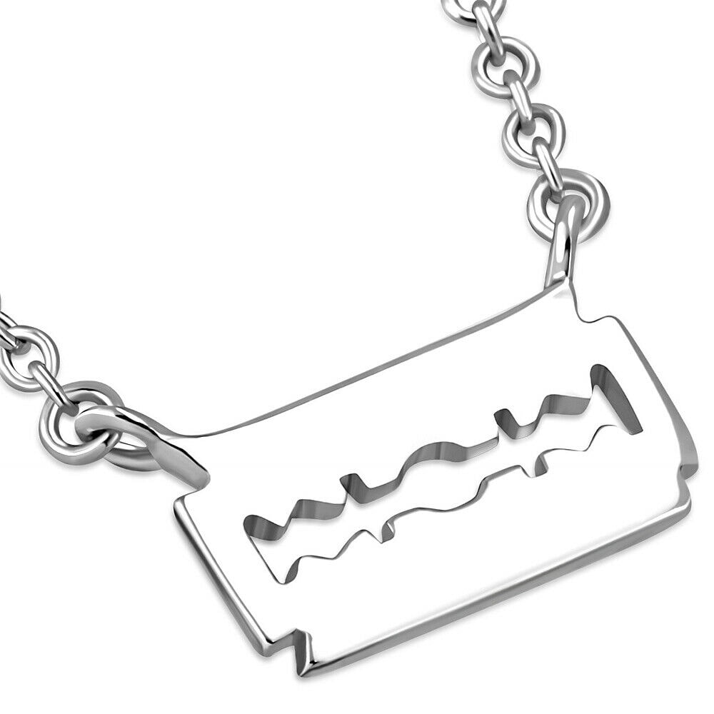 

925 Sterling Silver Small Sideways Razor Blade Pendant Necklace 18