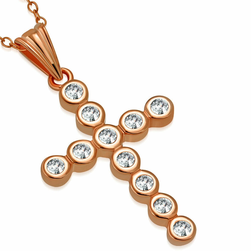 

925 Sterling Silver Rose Gold-Tone Bezel-Set CZ Cross Pendant Necklace