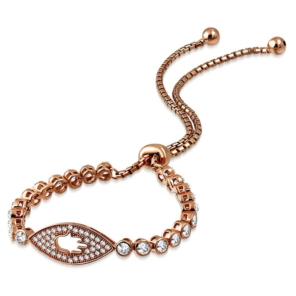 

925 Sterling Silver Rose Gold-Tone Bezel-Set Hamsa Evil Eye Bracelet 8