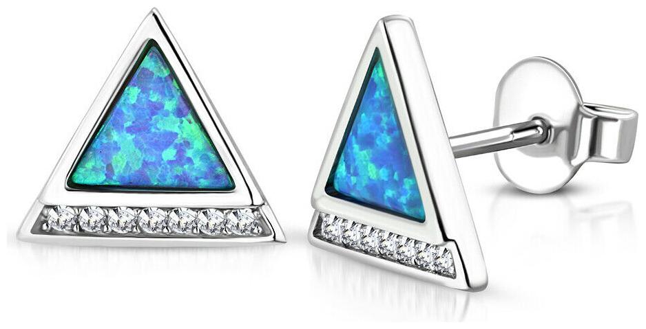 

925 Sterling Silver Clear CZ Blue Simulated Opal Triangle Stud Earrings 0 35