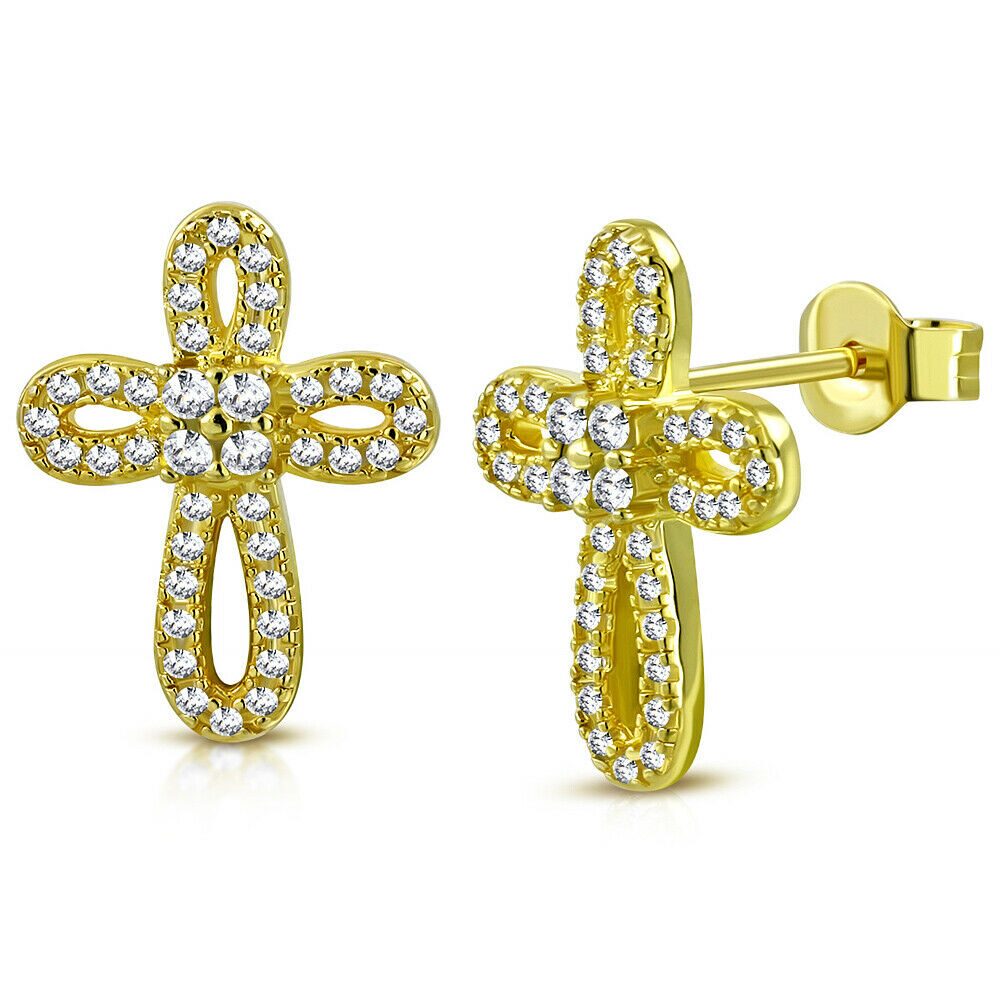 

925 Sterling Silver Yellow Gold-Tone CZ Religious Cross Stud Earrings 0 60