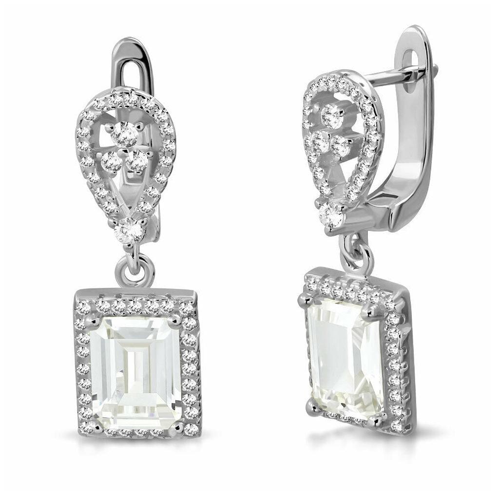 

925 Sterling Silver Rectangular White Clear CZ Drop Dangle Earrings 1