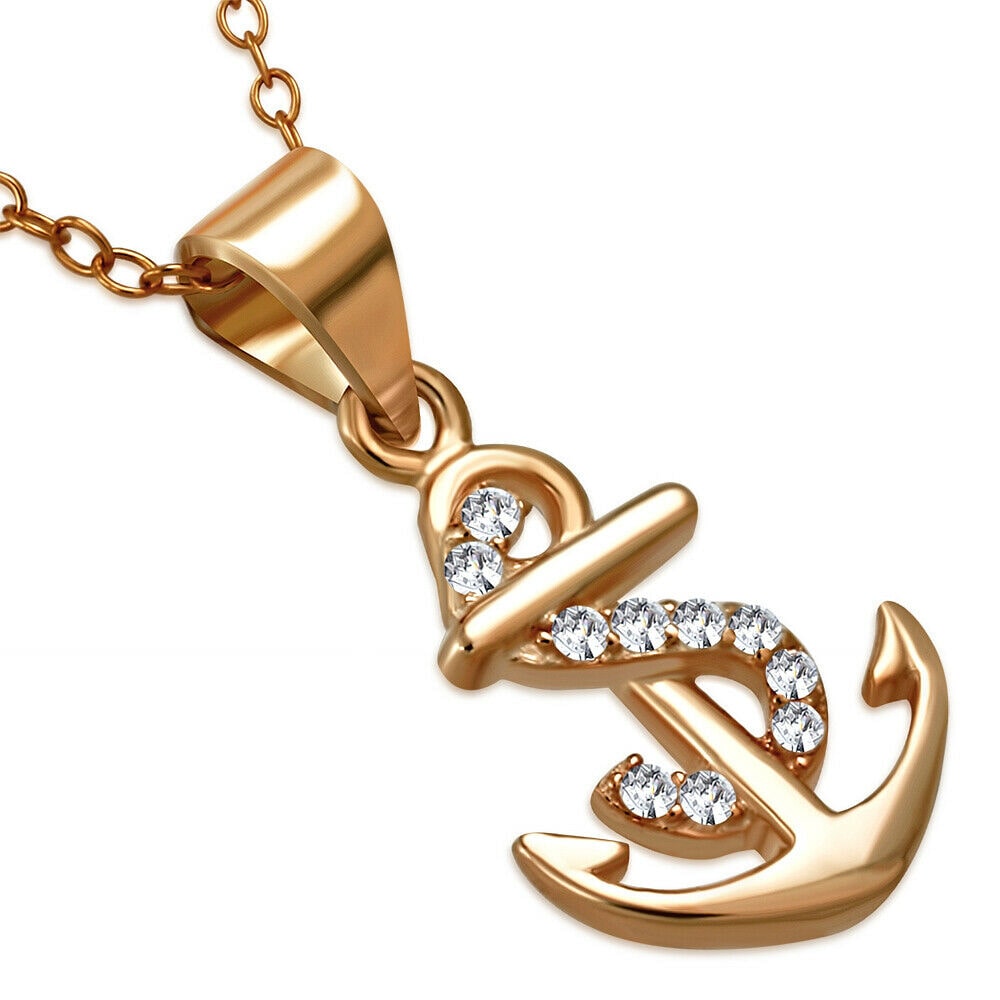 

925 Sterling Silver Rose Gold-Tone Clear CZ Anchor Marine Pendant Necklace 18