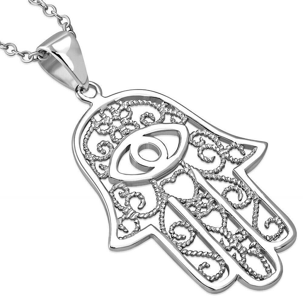 

925 Sterling Silver Large Filigree Womens Evil Eye Hamsa Pendant Necklace