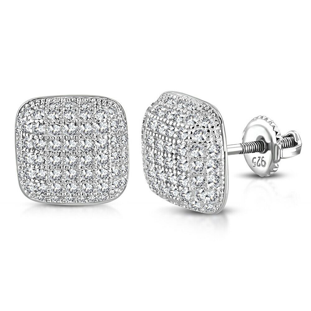 

925 Sterling Silver Cushion Square White Clear CZ Screw-Back Stud Earrings