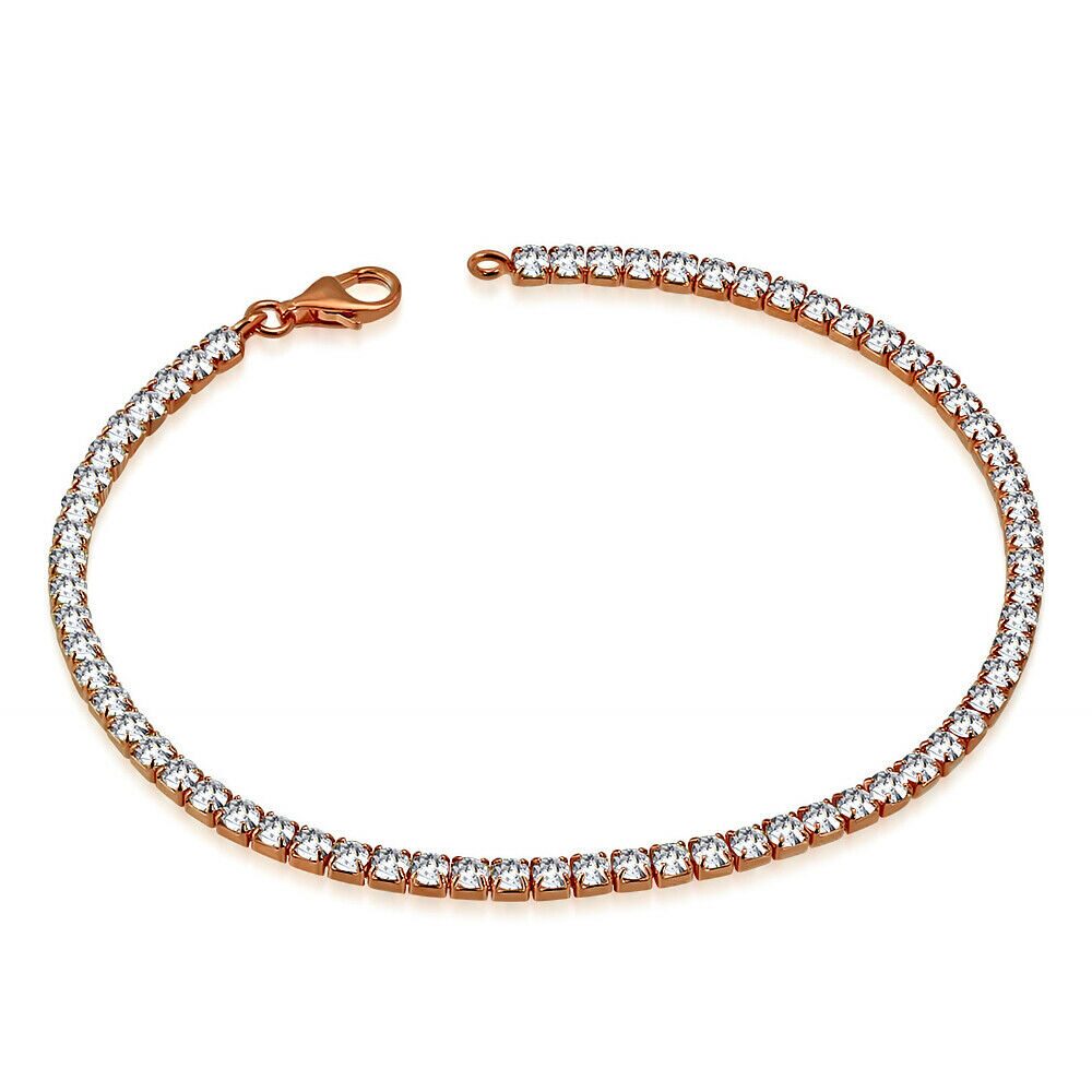 

925 Sterling Silver Rose Gold-Tone Round CZ Classic Tennis Bracelet