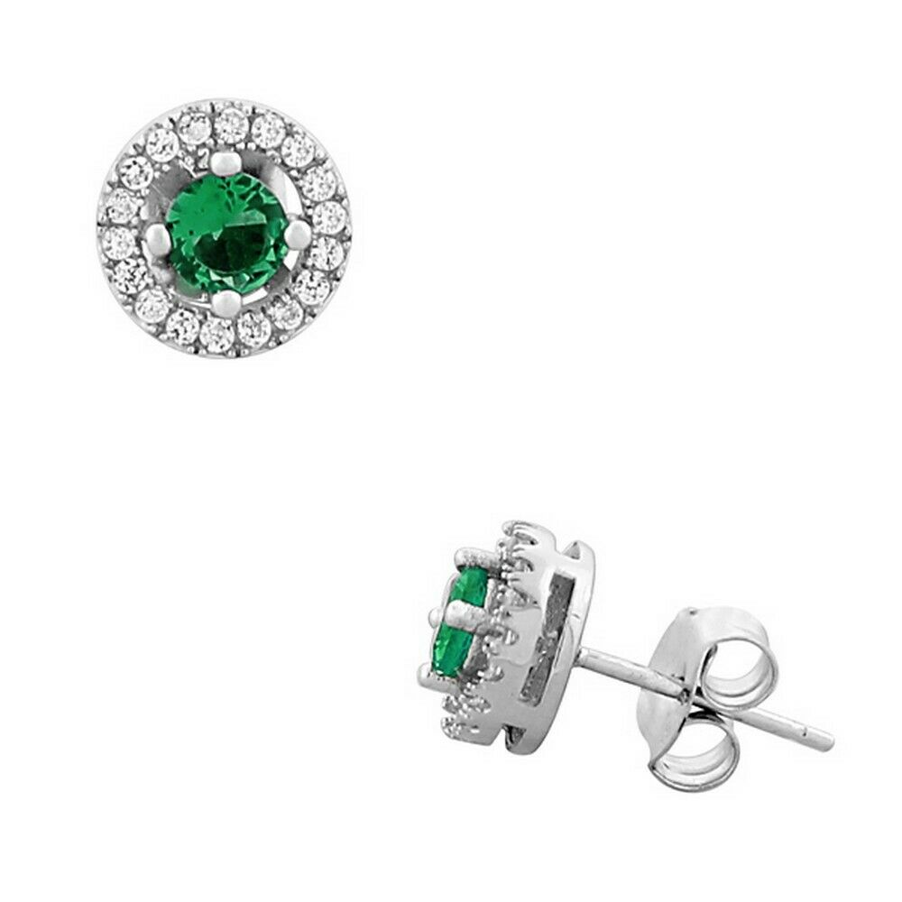 

925 Sterling Silver Round Emerald Green-Tone White Crystals CZ Stud Earrings