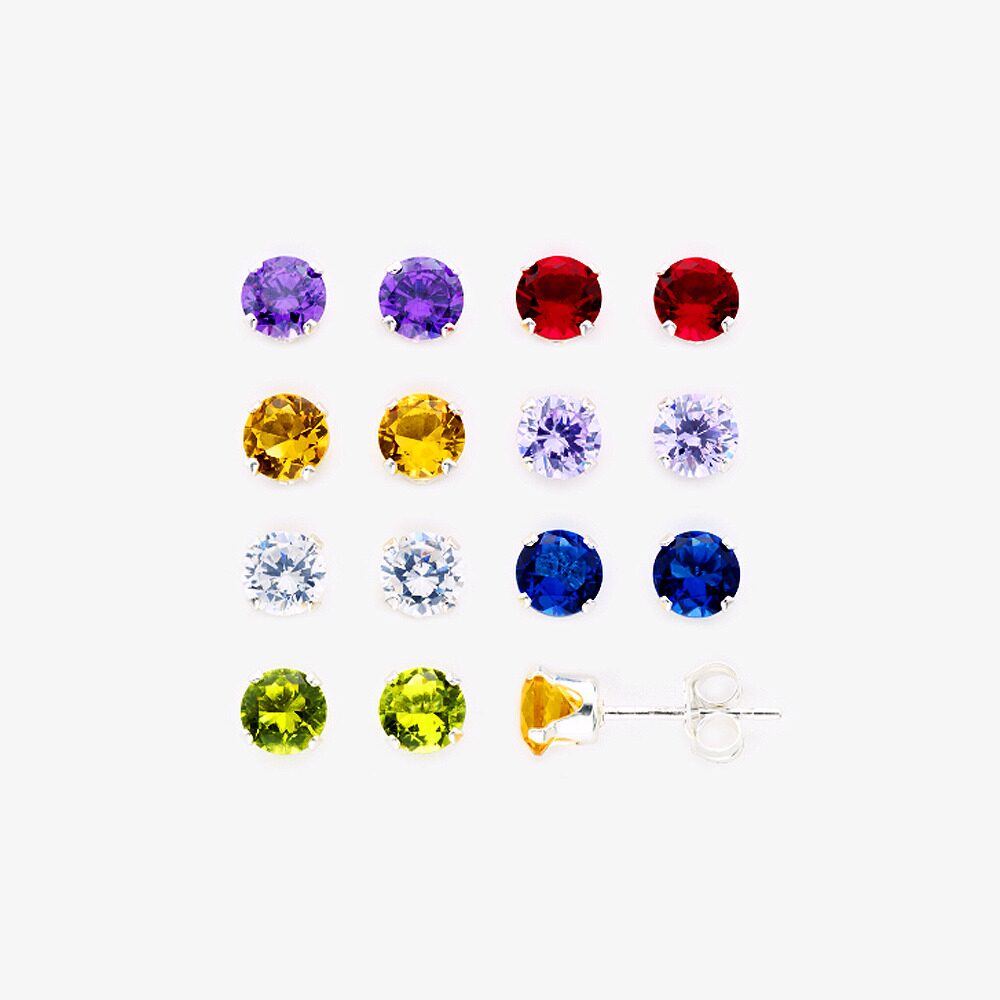 

925 Sterling Silver Multi-color CZ Round Stud Earrings 4mm - 7 Pairs Set