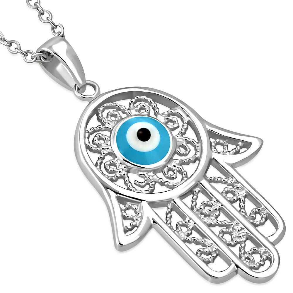 

925 Sterling Silver Filigree Womens Blue Evil Eye Hamsa Pendant Necklace