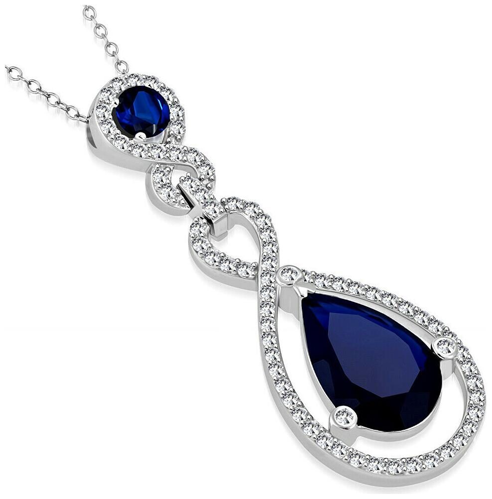 

925 Sterling Silver Blue Sapphire-Tone Teardrop Statement Pendant Necklace 18