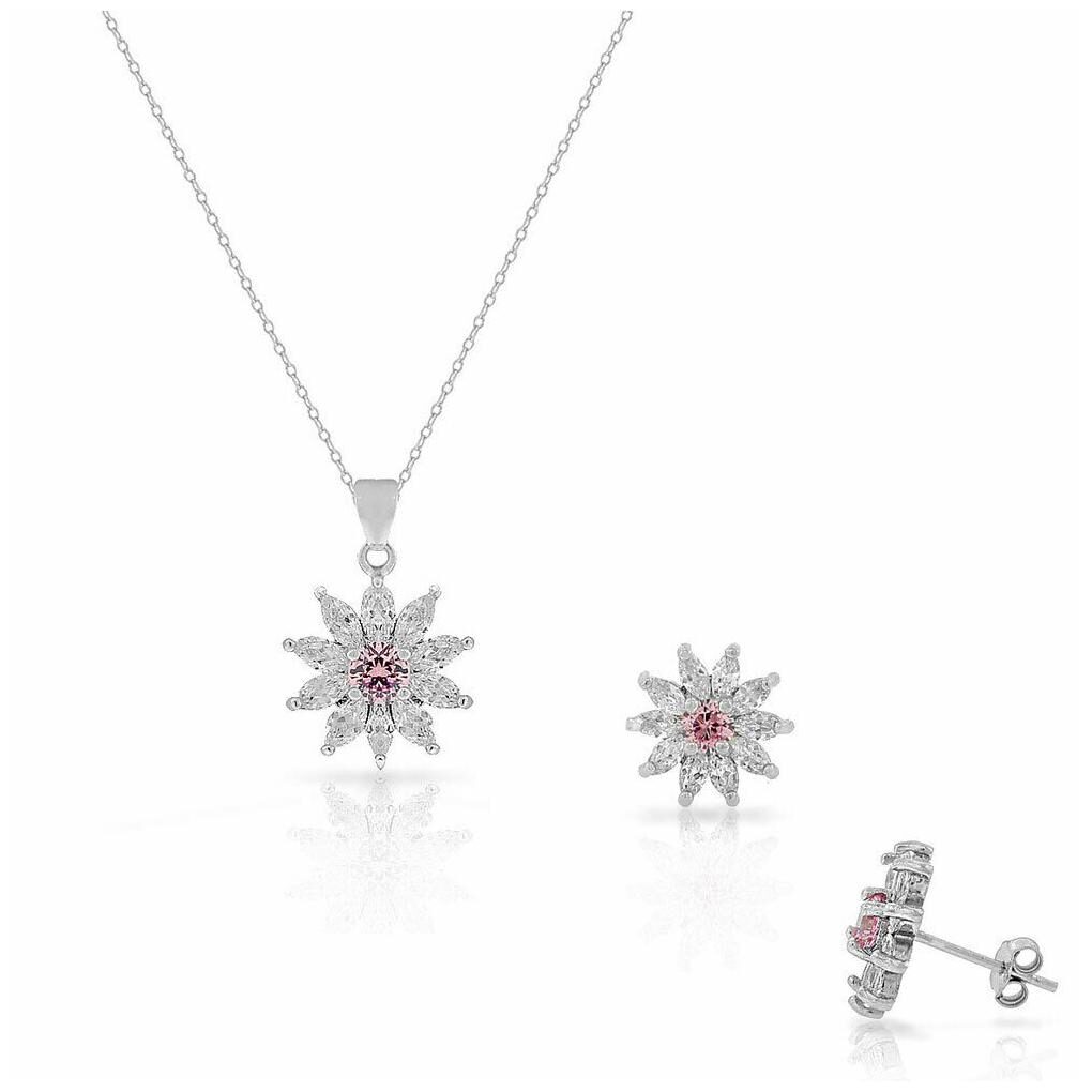 

925 Sterling Silver White Pink CZ Flower Stud Earrings Pendant Necklace Set