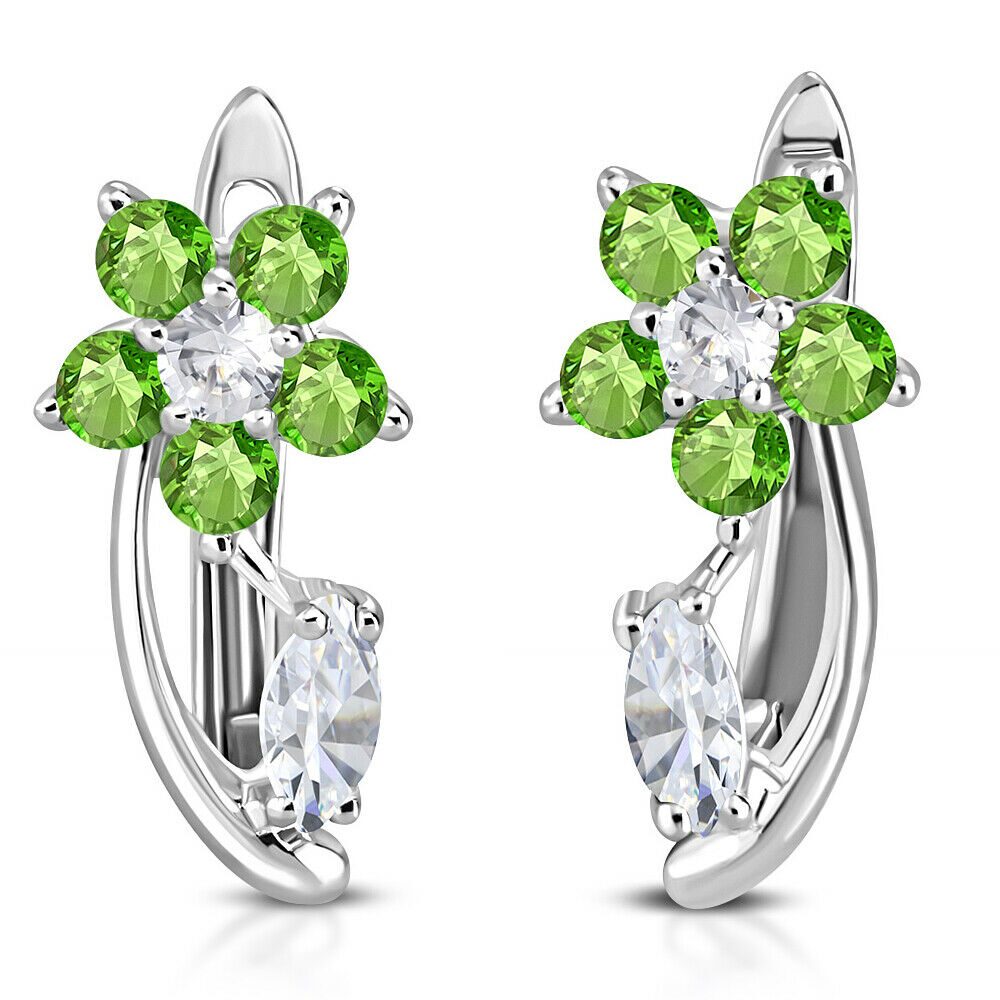 

925 Sterling Silver White Clear CZ Flower Hoop Huggie Small Earrings