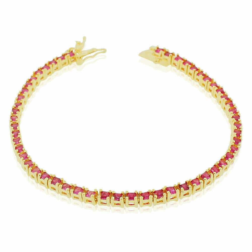 

925 Sterling Silver Yellow Gold-Tone Red Ruby-Tone Round CZ Tennis Bracelet
