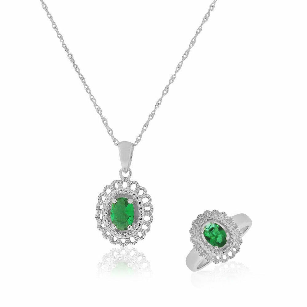 

925 Sterling Silver Green Emerald-Tone CZ Pendant Ring Jewelry Set 18