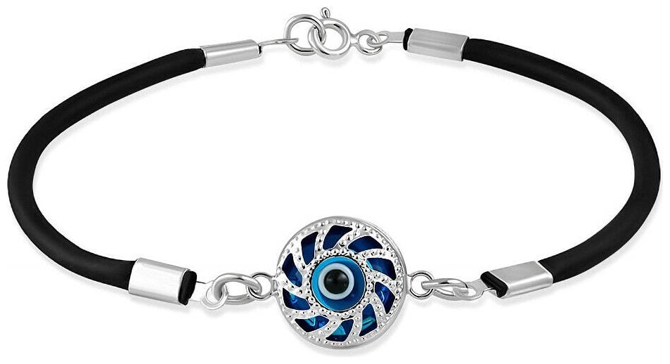 

925 Sterling Silver Black Rubber Blue Glass Evil Eye Protection Bracelet 7 5
