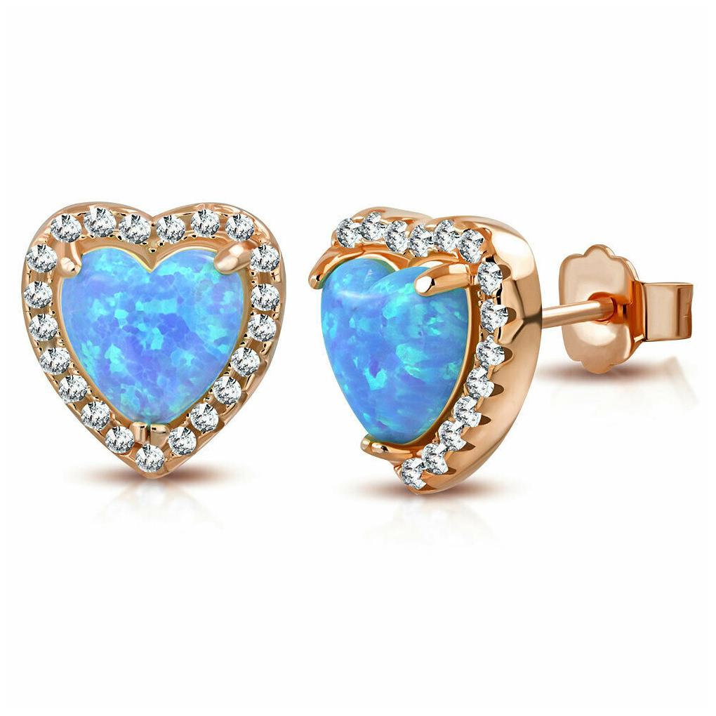 

925 Sterling Silver Gold-Tone CZ Simulated Blue Opal Heart Stud Earrings 0 40
