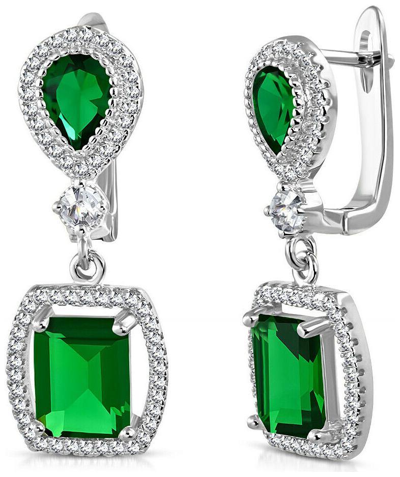 

925 Sterling Silver Rectangular Teardrop Green Emerald-Tone CZ Dangle Earrings