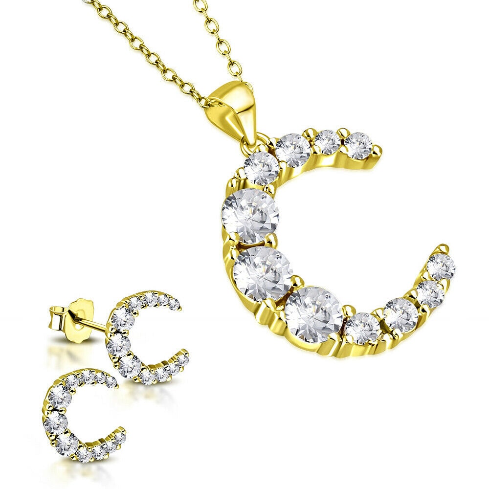 

925 Sterling Silver Gold-Tone Clear CZ Moon Pendant Stud Earrings Set
