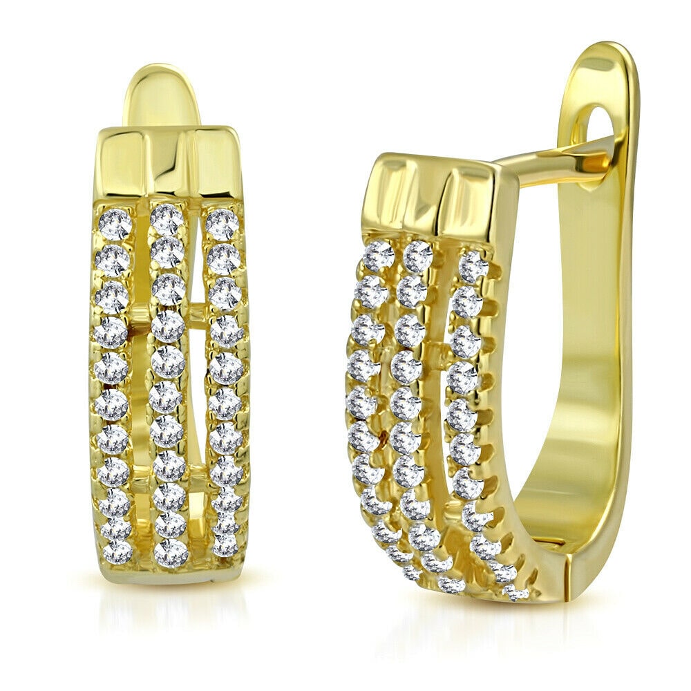 

925 Sterling Silver Yellow Gold-Tone White Clear CZ Hoop Huggie Earrings 0 60