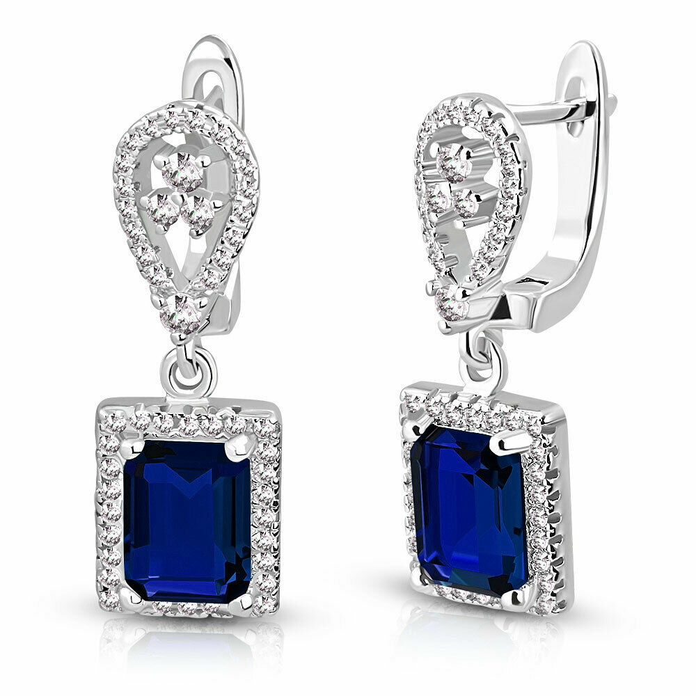 

925 Sterling Silver Rectangular Blue Sapphire-Tone CZ Drop Dangle Earrings 1