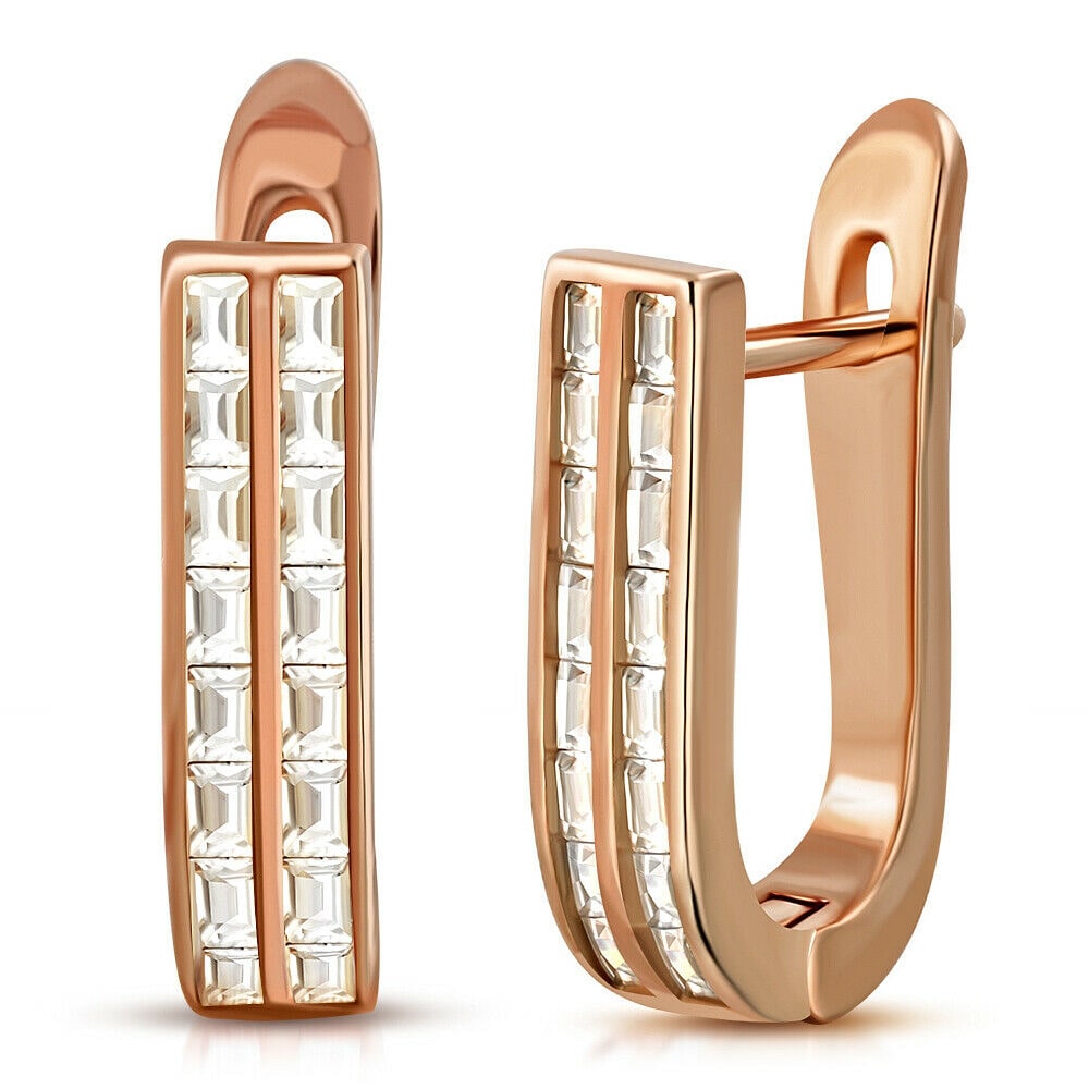 

925 Sterling Silver Rose Gold-Tone Baguette CZ Hoop Huggie Earrings 0 7