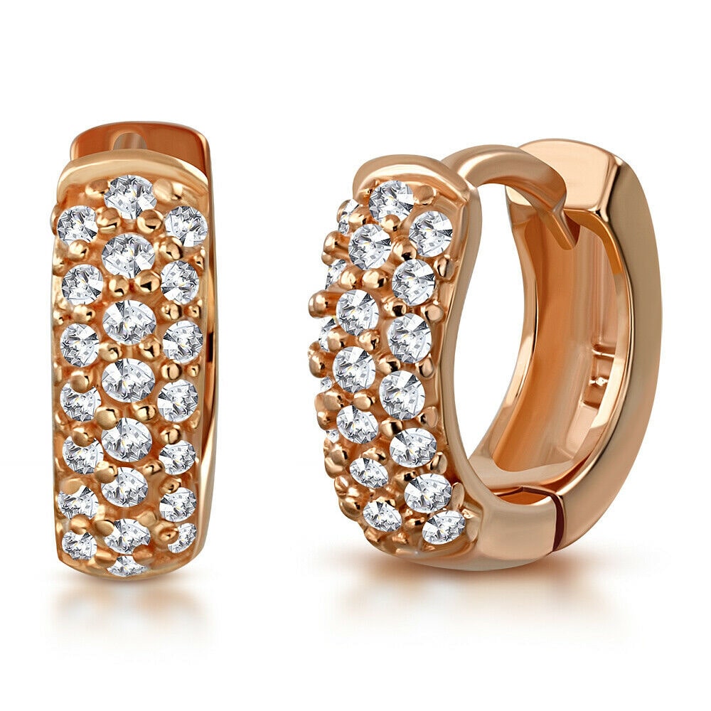 

925 Sterling Silver Rose Gold-Tone Clear CZ Hoop Huggie Earrings
