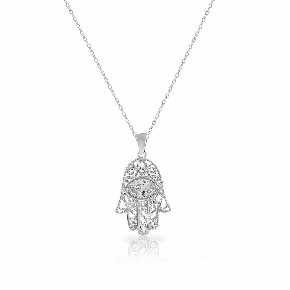 

925 Sterling Silver White Clear CZ Filigree Hamsa Good Luck Pendant Necklace